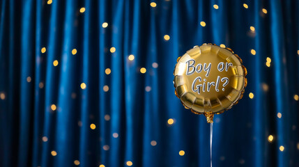 Gender reveal party golden foil balloon against sparkling blue curtain background