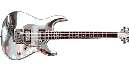Polished, futuristic-looking chrome electric guitar against a stark white backdrop