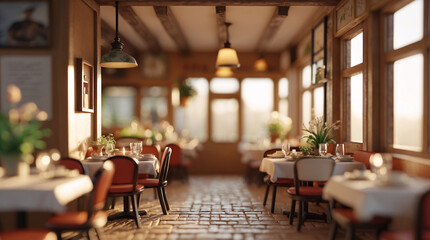 Fototapeta premium Eye catching tilt shift shot of a contemporary restaurant featuring fine dining chairs and a beautifully set table wallpaper background