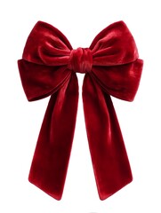 Decorative oversized holiday ribbon bow in plush red velvet fabric with dramatic tails isolated on white