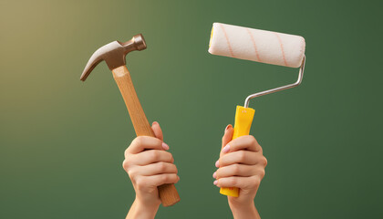 Female hands holding a hammer and a paint roller on a green background.