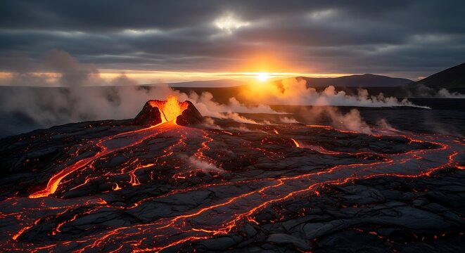 Volcanic Eruption Sunset Landscape.