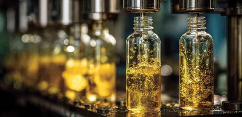 Machine filling clear glass bottles with a golden liquid in a factory setting