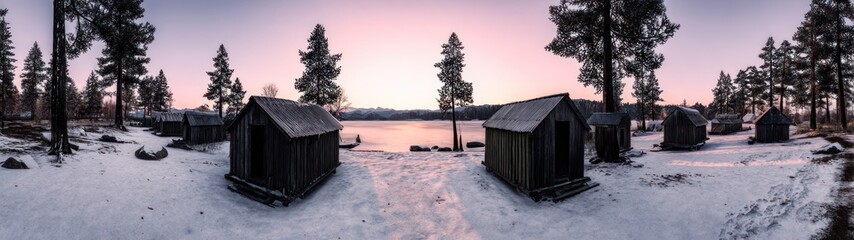 Snowy landscape with cabins trees and a lake at dusk or dawn