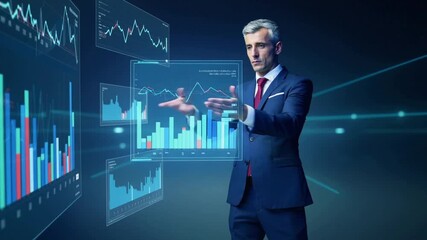 Businessman interacting with holographic data displays - Powered by Adobe