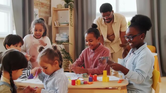 Diverse children engaged in creative play at a table, supervised by an adult