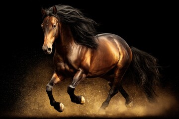 Fototapeta premium A powerful brown horse gallops through a cloud of dust against a dramatic black background, showcasing its strength and grace