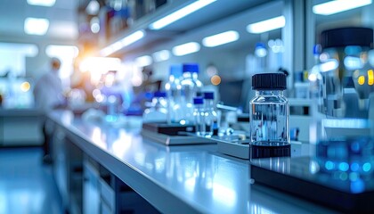 Laboratory Workspace with Scientific Equipment and Medical Glassware on a White Countertop with Medical Workers in the Background, Focus on the Foreground