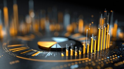 Abstract Digital Data Visualization - Glowing Orange Bar Graphs and Pie Charts on Dark Circuitry.