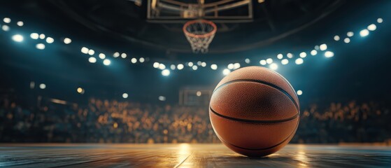 A basketball lies on a well-lit court with a blurred crowd and hoop in the background, evoking the excitement of a live game