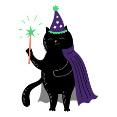 Black cat wizard with magic wand hat and cape