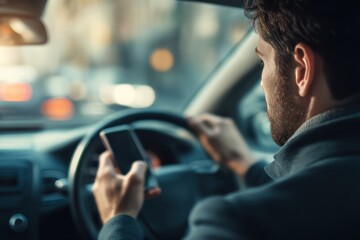A man drives a car while using a smartphone, illustrating distracted driving and potential road safety risks
