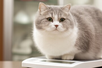 A chubby gray and white cat sits on a digital scale indoors, looking directly at the camera with curious eyes
