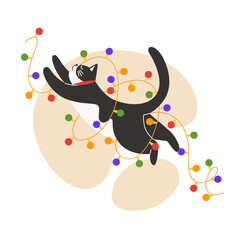 Black cat tangled in colorful string lights