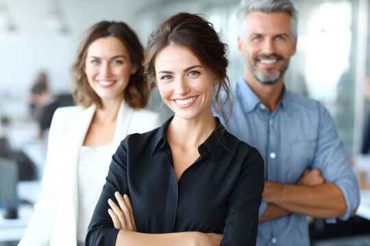 Three confident professionals smiling in a modern office environment, showcasing teamwork and leadership