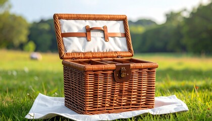 Open wicker picnic basket ready for outdoor adventures and joyful family gatherings on a sunny day