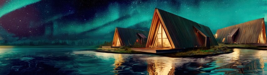 Tranquil lakeside cabins illuminated at night under vibrant aurora display