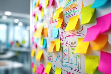 Colorful sticky notes cover a whiteboard filled with diagrams and sketches in a modern office brainstorming session