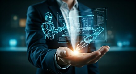 AI co-creation concept. A designer sketches on a digital tablet while a holographic AI avatar suggests and draws design variations in real-time.