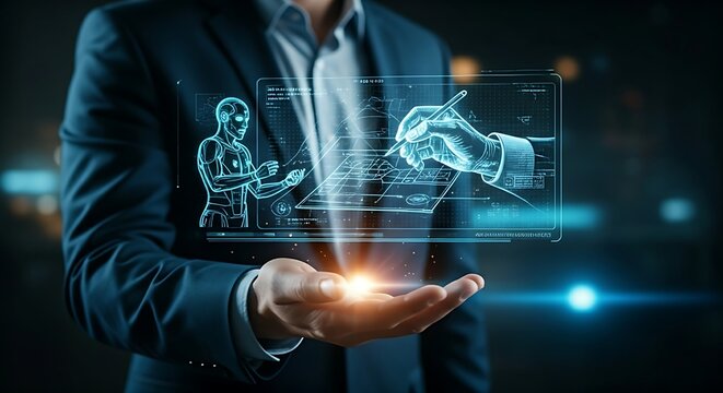 AI co-creation concept. A designer sketches on a digital tablet while a holographic AI avatar suggests and draws design variations in real-time.