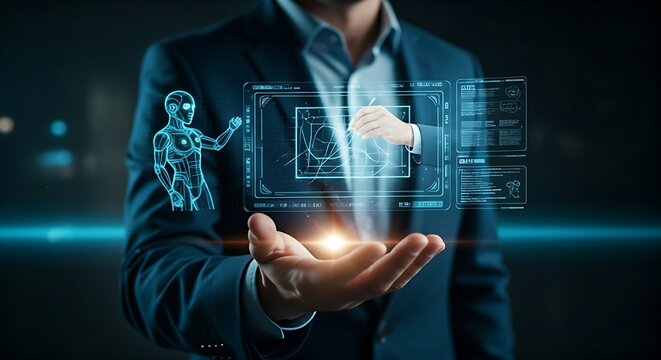 AI co-creation concept. A designer sketches on a digital tablet while a holographic AI avatar suggests and draws design variations in real-time.