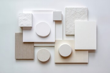 Minimalist Composition of Neutral Toned Squares and Circles on White Background.