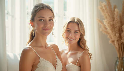 Bride's morning: a beautiful bride and her bridesmaid in wedding attire posing in a bright room.