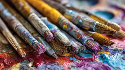 A close-up of used paintbrushes resting on a colorful, textured palette filled with vibrant paint
