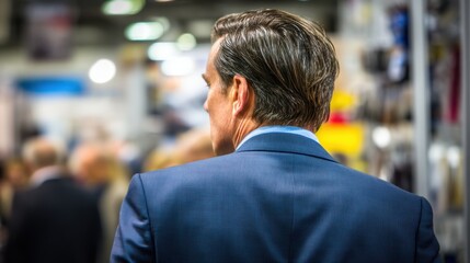 Obraz premium A man in a suit is seen from behind, standing in a busy indoor environment with blurred people and lights in the background
