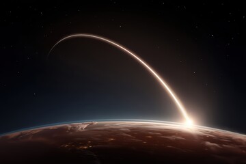 A rocket launches into space, leaving a bright arc above Earth, with city lights and clouds visible on the planet's surface below a starry sky