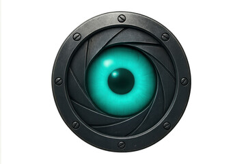 Futuristic cyborg eye watching through a camera lens shutter