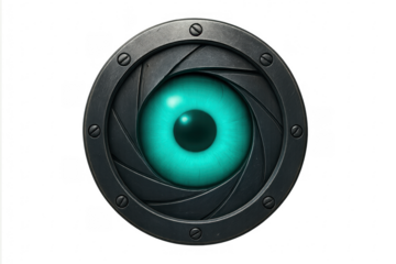 Futuristic cyborg eye watching through a camera lens shutter