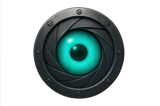Futuristic cyborg eye watching through a camera lens shutter