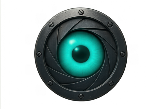 Futuristic cyborg eye watching through a camera lens shutter