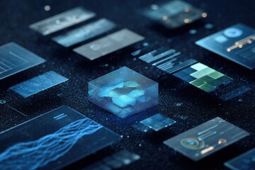 Cybernetic Landscape of Glowing Blue Data Panels and a Hexagonal Core.