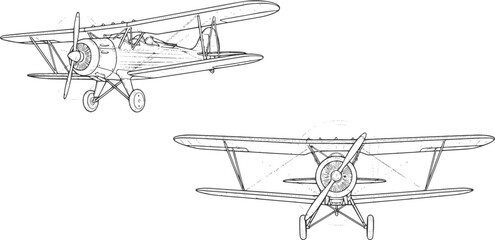 Obraz premium Vintage biplane aircraft outline vector – diagonal and frontal views detailed line drawing 