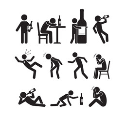 Stickman drunk alcohol icons set. Drunk man drinking beer wine bottle, hangover, falling down, dizzy, crawling, headache, alcohol addiction, alcoholism, party, bar, pub illustration vector silhouette.
