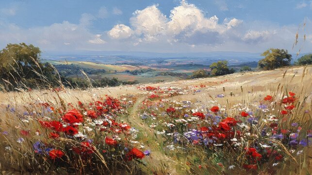 Poppy Field Landscape With Rural View And Blue Sky