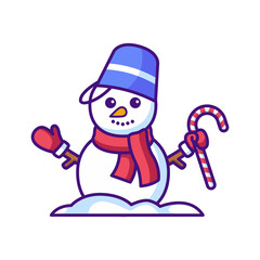 Festive Snowman Illustration with Bucket Hat Candy Cane and Transparent Background