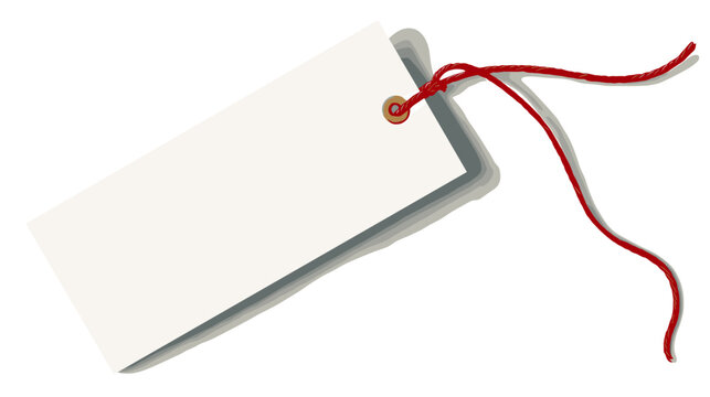 A blank white tag with a red and white string attached, ready for a label or message on a black background. Price or gift.