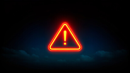 Vivid Neon Warning Sign with Exclamation Mark on Dark Blue Background