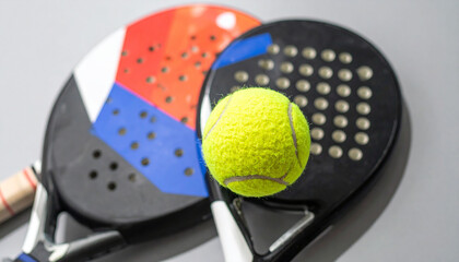 Close up of a padel ball and rackets, grey background