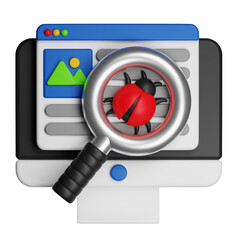 Red Bug Detection on Computer Screen with Magnifying Glass in 3D Illustration on Transparent Background