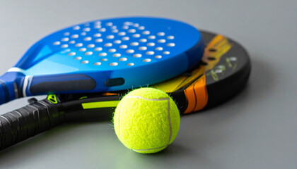Close up of a padel ball and rackets, grey background