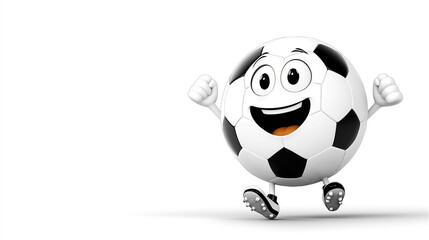 Cartoon soccer ball character with happy face and raised arms against white background. Cheerful sports mascot concept with smiling football character showing victory gesture.