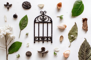 Whimsical Still Life - Ornate Birdcage Amidst Botanical Elements and Spices.