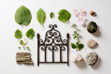 Natures Assemblage - A Delicate Flat Lay of a Miniature Gate and Garden Treasures.