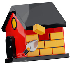 Red House Construction with Yellow Bricks in Animated Style on Transparent Background