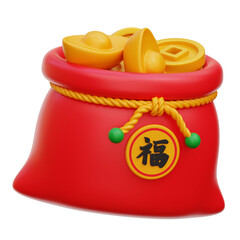 Red Money Sack Overflowing with Golden Ingots and Coins on Transparent Background