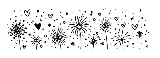 Festive Fireworks Display with Heart Stars and Geometric Shapes in Monochrome